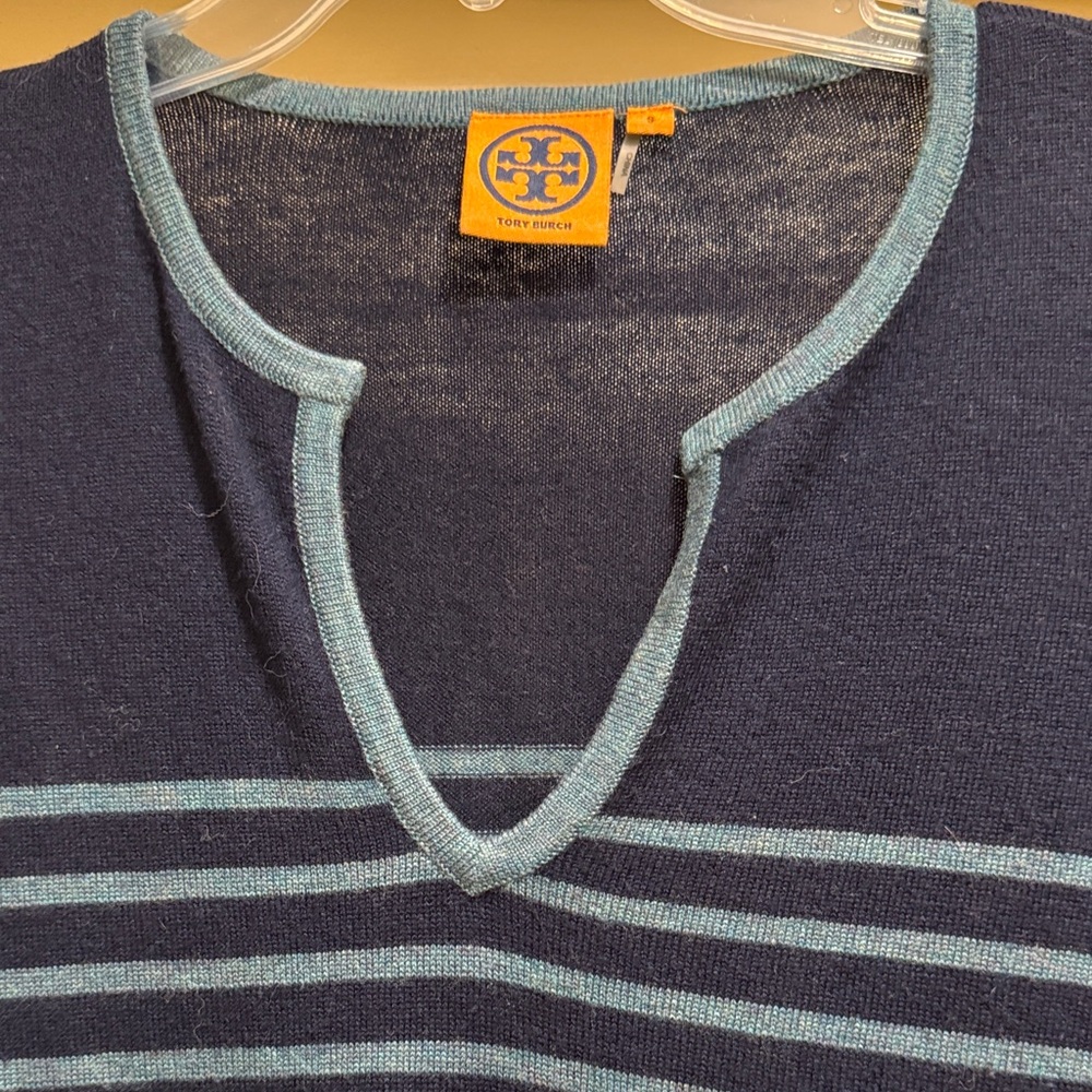 Tory Burch Navy and Teal V-Neck Sweater